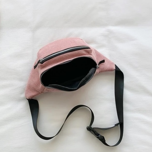 💙 Women's Pink Double Zip Front Pockets Corduroy Adjustable Strap Fanny Pack - Picture 6 of 8